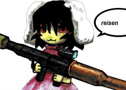  1girl :3 animal_ears aoiseshin black_hair blush character_name chibi closed_mouth colored_skin cowboy_shot dress english_text holding holding_rocket_launcher holding_weapon inaba_tewi looking_at_viewer medium_hair oekaki pink_dress rabbit_ears rabbit_girl red_eyes rocket_launcher simple_background solo speech_bubble touhou weapon white_background yellow_skin 