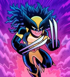  1girl abstract_background belt black_bodysuit black_gloves black_hair bodysuit claw_(weapon) claws cowl dan_hipp dust_cloud dynamic_pose game_cg gloves laura_kinney lightning_bolt_symbol long_hair marvel mask multicolored_bodysuit official_art solo superhero_costume toon_(style) two-tone_bodysuit weapon x-23 x-men yellow_bodysuit 