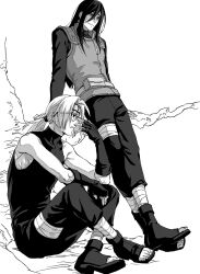  2boys adjusting_eyewear branch cheekbones commentary_request elbow_gloves fingerless_gloves flak_jacket glasses gloves gyogyo_hjj hair_between_eyes headband highres jacket konohagakure_shinobi_uniform korean_commentary long_hair male_focus multiple_boys naruto_(classic) naruto_(series) open-toe_boots orochimaru_(naruto) ponytail sitting sleeveless sleeveless_turtleneck tree turtleneck yakushi_kabuto 