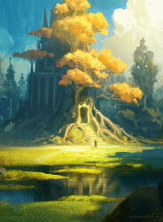  1boy absurdres arch artist_name blue_sky building clouds commentary english_commentary from_behind grass highres lake landscape moss original outdoors painterly plant_roots raja_nandepu reflection reflective_liquid rock samurai scenery sky stairs sunlight tree water yellow_leaf 