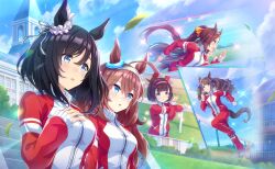  5girls ahoge animal_ear_piercing animal_ears artist_request black_hair blue_bow blue_eyes blue_sky blunt_bangs bob_cut bow breasts brown_hair clenched_hands clouds cowboy_shot crest day determined dot_nose ear_bow ear_covers ear_flower ear_ornament ear_ribbon eishin_flash_(umamusume) expressionless eyelashes fingernails floating_hair flower full_body game_cg grey_hairband hair_between_eyes hair_bow hair_ornament hairband hairclip hand_on_own_chest heavy_breathing horse_ears horse_girl horse_tail jacket knee_up large_breasts leaf light_blush light_particles long_hair long_sleeves looking_ahead medium_hair mihono_bourbon_(umamusume) multicolored_jacket multicolored_shoes multiple_girls nishino_flower_(umamusume) official_art open_mouth outdoors pants pink_bow pink_flower pink_hairband pocket ponytail projected_inset puffy_long_sleeves puffy_sleeves racing railing red_jacket red_pants red_shoes ribbon running sakura_bakushin_o_(umamusume) school shoes short_hair single_stripe sky sleeves_past_wrists sneakers sparkle stairs standing stretching striped_bow sweatpants tail tareme third-party_source tosen_jordan_(umamusume) tracen_academy tracen_training_uniform track_and_field track_jacket tree turtleneck turtleneck_jacket twintails two-tone_bow two-tone_jacket two-tone_shoes umamusume upper_body v-shaped_eyebrows very_long_hair violet_eyes wavy_hair white_bow white_jacket white_ribbon white_shoes x_hair_ornament yellow_bow zipper zipper_pull_tab 