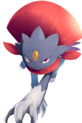 claws closed_mouth commentary_request eyelashes fang fang_out highres no_humans pokemon pokemon_(creature) pokemon_focus red_eyes rumine_(yoshi1234567) smile solo weavile white_background 