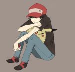  baseball_cap black_hair grey_background hat holding holding_poke_ball juulia lowres male pikachu poke_ball pokemon pokemon_(game) pokemon_rgby red_(pokemon) red_(pokemon)_(classic) serious sitting solo stuffed_animal stuffed_toy 