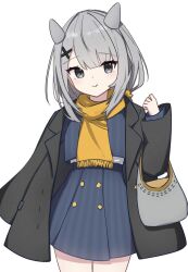  1girl bag black_coat coat commentary_request cowboy_shot fake_horns grey_eyes grey_hair hair_ornament highres horned_headwear horns i-201_(kancolle) i-201_(valentine)_(kancolle) jacket kantai_collection long_hair official_alternate_costume orange_scarf scarf simple_background skirt solo striped_clothes striped_jacket striped_skirt unoi white_background x_hair_ornament 
