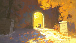  1boy 1other absurdres animal_costume arch artist_name autumn autumn_leaves black_pants blue_bag brick_road brick_wall commentary doorway english_commentary headphones highres hood hoodie leaf mask original outdoors painterly pants raja_nandepu robot scenery sheep_costume sitting sunlight tree white_hoodie 