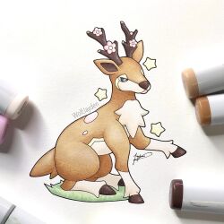 antlers artist_name brown_fur highres horns marker marker_(medium) no_humans photo_(medium) pokemon pokemon_(creature) sawsbuck sawsbuck_(spring) signature solo star_(symbol) traditional_media two-tone_fur white_background wolfjayden 