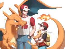  2boys absurdres charizard charmander closed_mouth commentary_request denim dual_persona expressionless fire flame-tipped_tail hands_in_pockets highres hoishere7 holding holding_pokemon jeans looking_at_another male_focus multiple_boys pants pokemon pokemon_(creature) pokemon_frlg pokemon_sm red_(pokemon) sparkle tail time_paradox wristband yellow_bag 