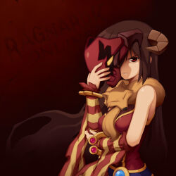  1girl animal_around_neck black_hair breasts closed_mouth copyright_name covering_one_eye demon_horns detached_sleeves fox hand_on_own_elbow holding holding_mask horns long_hair looking_at_viewer mask medium_breasts official_artist_extra professor_(ragnarok_online) ragnarok_online red_background red_eyes red_mask red_shirt red_sleeves serious shirt sleeveless sleeveless_shirt solo standing striped_sleeves unworn_mask upper_body very_long_hair yuichirou 