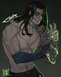  1boy 8bitkoiart absurdres black_hair blue_eyes bolt_(hardware) commentary deadlock_(game) electricity highres multiple_scars muscular no_shirt pants scar simple_background solo stitched_mouth stitches victor_(deadlock) 