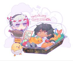  2boys :< arknights black_hair blush bright_pupils commentary commission dark-skinned_male dark_skin dot_nose drooling elysium_(arknights) english_commentary english_text food food-themed_blanket gudetama highres holding in_container looking_at_another male_focus maookenna multiple_boys nejiri_hachimaki open_mouth orange_skirt plaid_clothes plaid_skirt sanrio shakipiyo short_hair simple_background skirt soy_sauce sushi tempura thorns_(arknights) white_background white_pupils yellow_eyes 