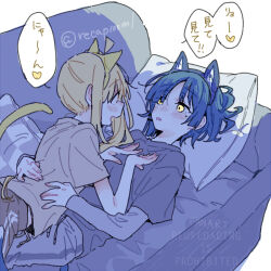  2girls ahoge animal_ear_hairband animal_ears blonde_hair blue_hair blush bocchi_the_rock! cat_ear_hairband cat_ears commentary_request couch fake_animal_ears grey_shirt hairband hand_on_another's_waist ijichi_nijika long_hair lying_on_person mole mole_under_eye multiple_girls on_couch parted_lips pillow red_eyes ree_(re-19) shirt short_hair side_ponytail speech_bubble translation_request watermark yamada_ryo yellow_eyes yuri 
