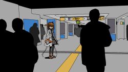  1girl a.i._voice adachi_rei arms_at_sides black_pantyhose black_shirt cable closed_mouth coat gloves grey_skirt hairband highres indoors long_sleeves looking_at_viewer open_clothes open_coat orange_eyes orange_hair pantyhose people shirt shoes silhouette skirt sneakers solo_focus standing subway_station utau white_coat white_gloves yugu_(yugu2000) 