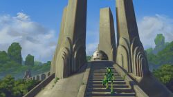 bionicle clouds commentary commission english_commentary highres humanoid_robot jungle lewa_(bionicle) nature robot scenery science_fiction shadow sky stairs the_lego_group tree vygovery walking weapon weapon_on_back 