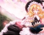  blonde_hair book brooch closed_eyes clover eyes_closed frilled_hat frills hat hizo_(repapp) jewelry kirisame_marisa long_hair nature scenery solo touhou witch witch_hat 