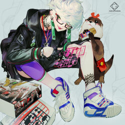  1boy animal artist_logo artist_name box clothes_pin commentary_request earrings fingerless_gloves full_body glasses gloves grandia_lee green_eyes gundam gunpla highres holding holding_scissors jewelry logo male_focus model_kit necklace original otter scissors sharp_teeth shoes short_hair shorts single_fingerless_glove slit_pupils sneakers solo star_(symbol) star_necklace tattoo teeth tribal_tattoo unicorn_gundam white_hair 