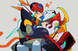 2boys android armor axl_(mega_man) bite_mark bite_mark_on_face bite_mark_on_hand black_armor blonde_hair blue_eyes brown_hair carrying chest_jewel cross_scar forehead_jewel green_eyes grey_background helmet highres long_hair male_focus mega_man_(series) mega_man_x_(series) multiple_boys princess_carry red_armor red_helmet scar scar_on_face simple_background spiky_hair star_(symbol) watermark wawadochi zero_(mega_man) 