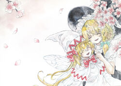  2girls black_hat black_skirt black_vest blonde_hair bow bowtie braid capelet cherry_blossoms closed_eyes commentary_request dress facing_viewer fairy fairy_wings falling_petals hair_between_eyes hair_bow hat hat_bow ikeda_ruriko kirisame_marisa lily_white long_hair multiple_girls open_mouth petals pink_petals red_bow red_bowtie side_braid single_braid skirt smile touhou traditional_media very_long_hair vest white_capelet white_dress white_hat wings witch_hat 