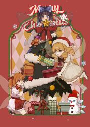  3girls :< :o argyle_background ascot bell black_bow black_bowtie black_shoes blonde_hair boots bow bowtie box candy candy_cane character_snowman chinese_commentary christmas_ornaments christmas_tree cirno closed_mouth clownpiece commentary_request dress drill_hair fairy_wings flying food gift gift_box gingerbread_man green_bow hair_bow hat highres holding holding_box holly iwakoo jingle_bell long_hair luna_child medium_hair merry_christmas multiple_girls open_mouth orange_hair pinecone puffy_short_sleeves puffy_sleeves purple_bow purple_hat red_background red_bow red_eyes red_hat santa_hat shoes short_sleeves snowflakes snowman star_(symbol) star_sapphire sunny_milk tearing_up touhou transparent_wings tree-topper two_side_up violet_eyes white_boots white_dress wings yellow_ascot yellow_eyes 
