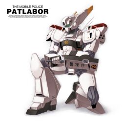  arm_shield assault_visor av-98_ingram buchi_holes copyright_name full_body holding_baton kidou_keisatsu_patlabor mecha mecha_focus no_humans on_one_knee police radio_antenna robot sheath simple_background solo unsheathing white_background yuichirou 