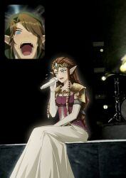  armor blue_eyes breasts brown_hair crown derivative_work dress earrings elbow_gloves fan_screaming_at_madison_beer_(meme) flying_sweatdrops fuwafuwallen gloves gold_armor green_hat green_tunic hair_pulled_back hat highres holding holding_microphone jewelry layered_dress link long_dress medium_breasts meme microphone open_mouth parted_lips photo_background phrygian_cap pointy_ears princess_zelda purple_dress short_hair shoulder_armor shouting sidelocks sitting swept_bangs tears the_legend_of_zelda the_legend_of_zelda:_twilight_princess tunic white_dress white_gloves 