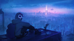  1boy 1other absurdres aircraft animal_costume black_boots black_pants blue_bag blue_sky boots building city city_lights cityscape commentary dirigible english_commentary fantasy glowing gradient_sky headphones highres hood hoodie mask night original painterly pants purple_sky rain raja_nandepu robot rooftop scenery science_fiction sheep_costume sitting sky tower white_hoodie 