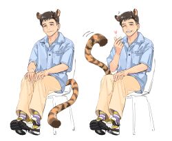  ;d absurdres animal_ears anthonykaen blue_shirt brown_eyes brown_hair chair character_request collared_shirt copyright_request finger_heart grin hands_on_own_knees highres looking_at_viewer multiple_views one_eye_closed shirt short_hair sitting smile tail tiger_boy tiger_ears tiger_tail 