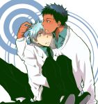  aomine_daiki blue_eyes blue_hair dark_skin kou_(sen328) kuroko_no_basket kuroko_no_basuke kuroko_tetsuya multiple_boys necktie open_mouth pants playing_with_hair school_uniform shoes short_hair sitting sweater ã©â»â€˜ã¥â­âã§å¡â€žã§â¯â®ã§âæ’ 