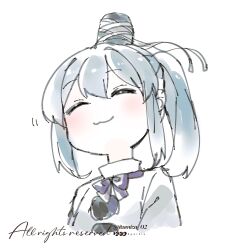  1girl :3 black_hat blush closed_eyes closed_mouth commentary_request grey_background hat highres itsumizu japanese_clothes kariginu medium_hair mononobe_no_futo pom_pom_(clothes) ponytail simple_background sketch solo tate_eboshi touhou twitter_username upper_body white_background 