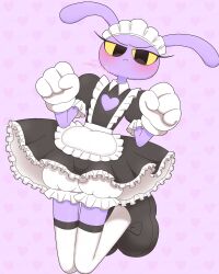  1boy absurdres apron artist_name black_dress black_eyes black_shoes bloomers blush clenched_hands closed_mouth clothing_cutout collared_dress colored_sclera commentary crossdressing crossdressing_(mtf) dress ears_down embarrassed eyelashes frilled_apron frilled_dress frilled_sleeves frills frown full_body furrowed_brow furry furry_male gloves hands_up headdress heart heart_background heart_cutout highres jax_(the_amazing_digital_circus) jitome legs_together legs_up looking_at_viewer maid_apron maid_headdress male_focus medium_dress meru_(mer_milky77) midair puffy_short_sleeves puffy_sleeves purple_background purple_fur purple_theme rabbit_boy shoes short_sleeves solo the_amazing_digital_circus thigh-highs twitter_username v-shaped_eyebrows waist_apron white_apron white_bloomers white_gloves white_headdress white_thighhighs yellow_sclera zettai_ryouiki 