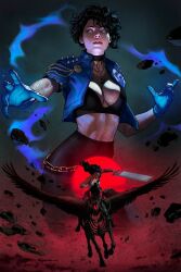  2girls absolute_dc absolute_wonder_woman animal_skeleton black_bra black_hair black_pants blue_gloves bra breasts choker curly_hair dc_comics fishnet_top fishnets floating_rock gloves glowing glowing_eyes glowing_hands high-waist_pants holding holding_sword holding_weapon huge_weapon ivan_talavera multiple_girls official_art pants parted_lips pegasus riding short_hair shoulder_spikes spikes sword third-party_source underwear weapon wonder_woman wonder_woman_(absolute_dc) wonder_woman_(series) zatanna_zatara zatanna_zatara_(absolute_dc) 