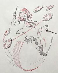  1girl absurdres blending boots commentary_request drum drumsticks full_body hand_up hatching_(texture) highres holding holding_drumsticks horikawa_raiko instrument linear_hatching looking_at_viewer matsumoto_oka medium_hair monochrome parted_lips pen_(medium) red_theme sitting smile solo touhou traditional_media white_background 