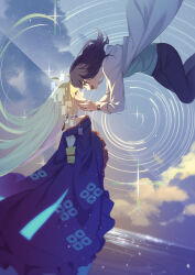  2girls absurdres ahoge blonde_hair blue_pants blue_shirt blush brown_hair character_request check_character cho_kaguya-hime! clouds commentary_request gradient_hair green_eyes green_hair highres hood hoodie japanese_clothes kaguya_(cho_kaguya-hime!) kimono long_hair medium_hair mole mole_under_eye multicolored_hair multiple_girls open_clothes open_hoodie open_mouth pants print_kimono purple_kimono sakayori_iroha shirt sky tamago_sando very_long_hair watch watch white_hoodie 