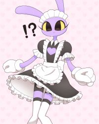  !? 1boy absurdres apron artist_name bike_shorts black_dress black_eyes black_shorts blush closed_mouth clothing_cutout collared_dress colored_sclera commentary crossdressing crossdressing_(mtf) dress eyelashes feet_out_of_frame frilled_apron frilled_dress frilled_sleeves frills furry furry_male gloves headdress heart heart_background heart_cutout highres jax_(the_amazing_digital_circus) knees_together_feet_apart looking_at_viewer maid_apron maid_headdress male_focus medium_dress meru_(mer_milky77) pink_background puffy_short_sleeves puffy_sleeves purple_fur rabbit_boy short_sleeves shorts solo standing the_amazing_digital_circus thigh-highs twitter_username waist_apron white_apron white_gloves white_headdress white_thighhighs yellow_sclera zettai_ryouiki 