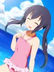  :d black_hair blush casual_one-piece_swimsuit closed_eyes cloud clouds collarbone dutch_angle eyes_closed frilled_swimsuit frills halterneck hatasuke k-on! long_hair nakano_azusa ocean one-piece_swimsuit open_mouth sky smile solo swimsuit twintails 