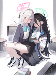  2girls absurdres aqua_bow aqua_bowtie aris_(blue_archive) black_cardigan black_hair black_hairband black_thighhighs blue_archive blue_eyes blush book book_stack bow bowtie bright_pupils cardigan commentary_request computer controller double-parted_bangs game_controller hair_between_eyes hairband half_updo halo hat highres holding holding_controller holding_game_controller indoors kei_(blue_archive) kei_(new_body)_(blue_archive) laptop lizard0221 long_hair long_hair_between_eyes looking_at_viewer multiple_girls one_side_up red_eyes ringed_eyes seiza shirt shoes sitting sitting_on_person smile sneakers thigh-highs very_long_hair white_hat white_pupils white_shirt white_shoes wireless_game_controller 
