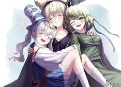  3girls absurdres artist_name blonde_hair blush cape closed_eyes closed_mouth detached_sleeves dress earphones english_commentary green_dress green_eyes green_hair grey_hair group_hug hair_between_eyes hand_on_another's_shoulder hat highres hug long_hair long_sleeves medium_hair mononobe_no_futo multiple_girls nail_polish one_eye_closed parted_lips pointy_hair ponytail purple_nails pygrenix shirt smile soga_no_tojiko tate_eboshi teeth touhou toyosatomimi_no_miko upper_teeth_only white_shirt 