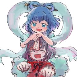  2girls black_hair blue_dress blue_hair blush closed_eyes commentary_request dress jiangshi kaku_seiga miyako_yoshika multiple_girls open_mouth outstretched_arms rome35793562 shawl short_hair smile touhou zombie_pose 
