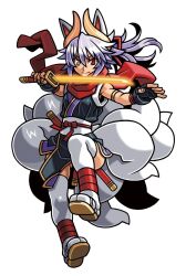  1girl animal_ears armlet black_gloves black_kimono fingerless_gloves floating_hair fox_ears fox_girl fox_tail gloves glowing glowing_sword glowing_weapon gold_horns gold_trim grey_hair hair_between_eyes hair_ribbon harakawa_mitsuhiro heterochromia high_ponytail holding holding_sword holding_weapon japanese_clothes jewelry katana kimono kitsune kuon_(shinrabanshou) kyuubi light_smile long_hair multiple_tails ninja obi official_art open_mouth ponytail red_eyes red_ribbon red_scarf ribbon sash scarf sheath shinrabanshou sleeveless sleeveless_kimono solo sword tail thigh-highs third-party_source weapon white_tail white_thighhighs yellow_eyes 