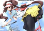  ass back bicycle blue_eyes blush breasts brown_hair bxssp754 double_bun female_protagonist_(pokemon_bw2) hat legwear_under_shorts long_hair mei_(pokemon) pantyhose pokemon pokemon_(game) pokemon_bw2 raglan_sleeves shoes shorts skirt smile solo twintails visor_cap 