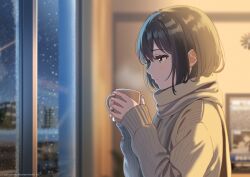  1girl black_hair blurry blurry_background brown_eyes brown_scarf brown_sweater closed_mouth commentary_request cup enpera from_side highres holding holding_cup indoors long_sleeves mole mole_under_eye mug night original ribbed_sweater scarf short_hair siokazunoko sleeves_past_wrists snowing solo sweater upper_body window 