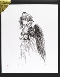  1girl bird_wings commentary_request detached_sleeves feathered_wings hat ikeda_ruriko japanese_clothes kimono kourindou_tengu_costume looking_at_viewer medium_hair obi official_alternate_costume open_mouth photo_(medium) pointy_ears pom_pom_(clothes) sash shameimaru_aya smile solo tokin_hat touhou traditional_media wings 