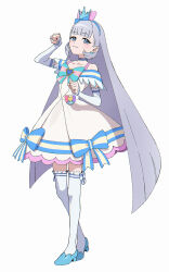  1girl blue_choker blue_crown blue_eyes blue_hairband blue_shoes bow choker commentary crown crown_earrings cure_nyammy dress earrings full_body hairband high_heels highres jewelry long_hair looking_at_viewer magical_girl mini_crown nekoyashiki_yuki paw_pose precure shiny_cats_pact shoes simple_background smile solo thigh-highs white_background white_dress white_thighhighs wonderful_precure! yuzu_sato 