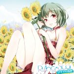  album_cover alternate_costume bare_legs bare_shoulders boots breasts buriki cleavage cover flower green_hair kazami_yuuka legs red_eyes short_hair sitting smile solo sunflower touhou youkai 
