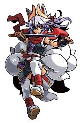  1girl animal_ears armlet black_gloves black_kimono closed_mouth eyepatch fingerless_gloves floating_hair fox_ears fox_girl fox_tail gloves gold_horns gold_trim grey_hair hair_between_eyes hair_ribbon harakawa_mitsuhiro high_ponytail holding holding_sword holding_weapon japanese_clothes jewelry katana kimono kitsune kuon_(shinrabanshou) kyuubi long_hair multiple_tails ninja obi official_art ponytail red_eyes red_ribbon red_scarf ribbon sash scarf sheath shinrabanshou sleeveless sleeveless_kimono solo sword tail thigh-highs third-party_source weapon white_tail white_thighhighs 