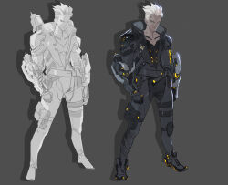  absurdres cross_scar cyberpunk dark-skinned_male dark_skin earrings grandia_lee grey_background high_collar highres jewelry knee_pads original pouch scar scar_on_face serious shadow short_hair single_knee_pad thigh_pouch undercut white_hair 