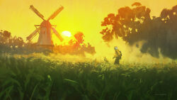  1boy 1other absurdres animal_costume artist_name black_pants commentary dawn english_commentary from_side grass highres hood hoodie landscape original outdoors painterly pants raja_nandepu robot scenery sheep_costume sky sun white_hoodie windmill yellow_sky 
