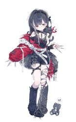  1girl absurdres arm_warmers artist_name asymmetrical_legwear bag banbanimi belt black_arm_warmers black_bow black_cat black_collar black_eyes black_hair black_leash black_leg_warmers black_nails black_pantyhose black_shirt black_shoes black_shorts bow cat chinese_commentary collar commentary_request commission full_body fur-trimmed_jacket fur_trim grey_bag grey_leg_warmers hair_ornament hairclip highres jacket jacket_partially_removed leg_warmers long_hair looking_at_viewer mole mole_under_eye multicolored_hair off-shoulder_shirt off_shoulder one_side_up original pantyhose red_jacket ribbon sample_watermark semi-rimless_eyewear shirt shoes shorts simple_background single_leg_pantyhose skindentation sleeves_past_wrists solo standing streaked_hair stuffed_animal stuffed_toy teddy_bear thigh_belt thigh_strap torn_clothes torn_pantyhose watermark white_background white_belt white_ribbon white_streaks yabi_fashion 