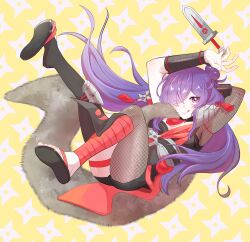  1girl absurdres applebell555 black_thighhighs commentary_request dagger female_shez_(covert_mercenary)_(fire_emblem) female_shez_(fire_emblem) fire_emblem fire_emblem:_three_houses fire_emblem_heroes fire_emblem_warriors:_three_hopes fishnet_pantyhose fishnets floating_hair fur_trim hair_bun hair_over_one_eye highres japanese_clothes knife long_hair looking_at_viewer ninja official_alternate_costume one_eye_covered pantyhose purple_hair sandals shuriken single_hair_bun single_leg_pantyhose single_thighhigh smile solo thigh-highs tongue tongue_out very_long_hair violet_eyes weapon 