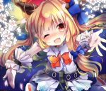  :3 ;d blonde_hair blush bow chain chains fang flower hair_bow horns ibuki_suika kedama_milk long_hair open_mouth outstretched_arms red_eyes smile solo touhou wink wrist_cuffs 