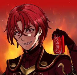  1boy alisa_(vallurite) can coca-cola crossed_bangs dark_persona drink_can fire_emblem fire_emblem_engage holding holding_can male_alear_(fell_child)_(fire_emblem) male_alear_(fire_emblem) official_alternate_color official_alternate_eye_color official_alternate_hair_color prince red_hair soda_can 